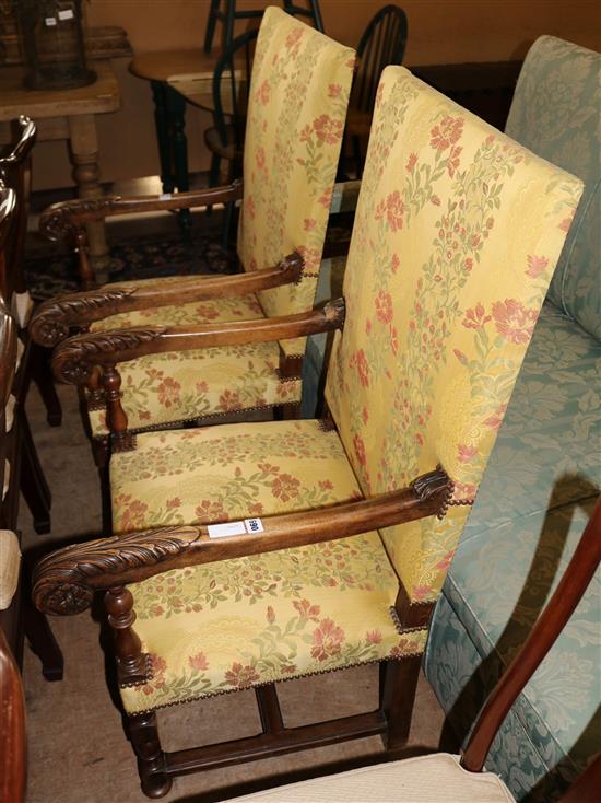 Pair oak high back armchairs